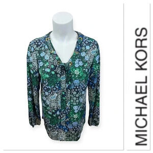 Michael Kors blue and green top tie going through gold grommets size small
